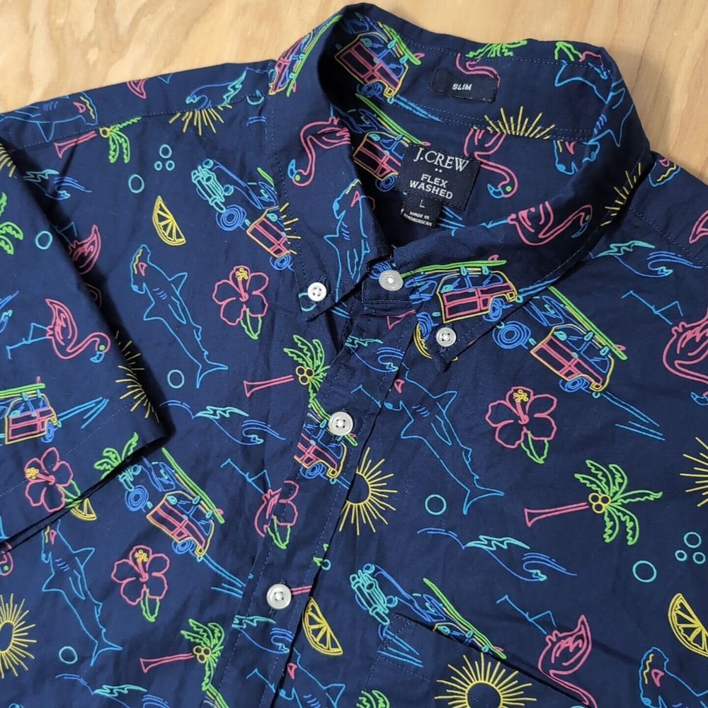 NEW J Crew Shirt Mens XL Blue Flex Washed Coconut Tree Sun Shark Surf Board Geo